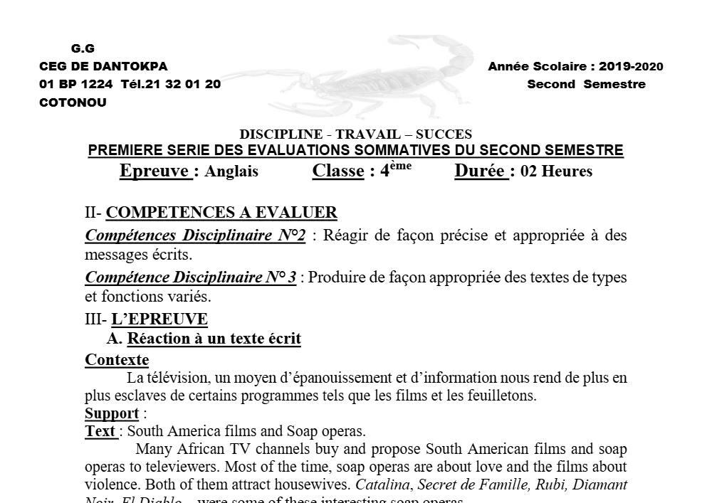 Aperçu de la première page — 4e Anglais 1er Devoir 2ème Semestre CEG Dantokpa 2019 2020