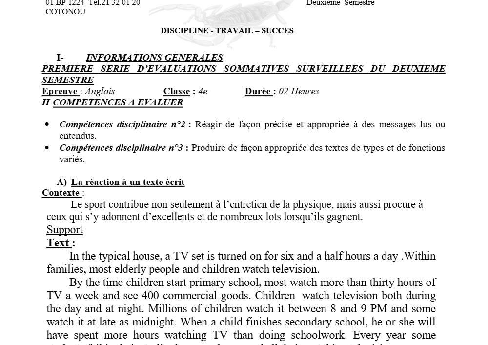 Aperçu de la première page — 4e Anglais 1er Devoir 2ème Semestre CEG Dantokpa 2020 2021
