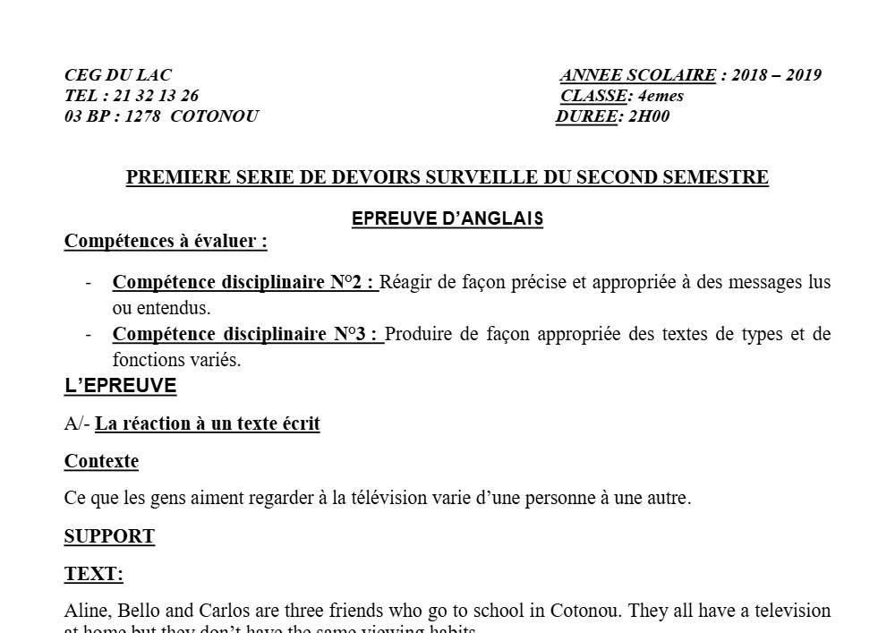 Aperçu de la première page — 4e Anglais 1er Devoir 2ème Semestre CEG du Lac 2018 2019