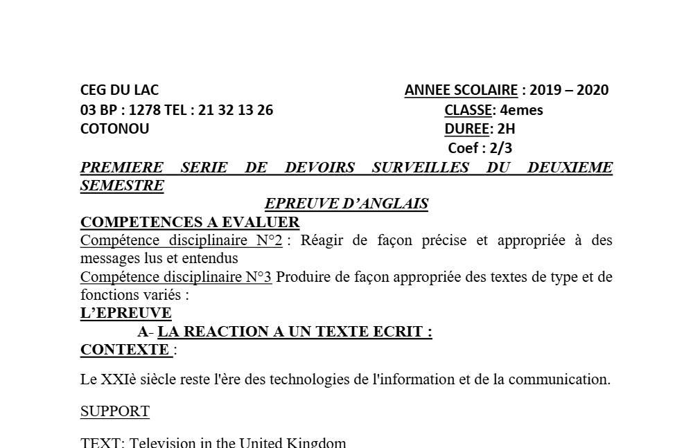 Aperçu de la première page — 4e Anglais 1er Devoir 2ème Semestre CEG du Lac 2019 2020