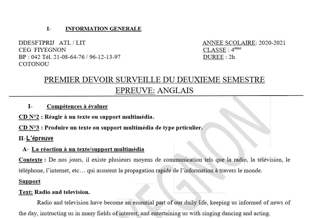 Aperçu de la première page — 4e Anglais 1er Devoir 2ème Semestre CEG Fiyegnon 2020 2021