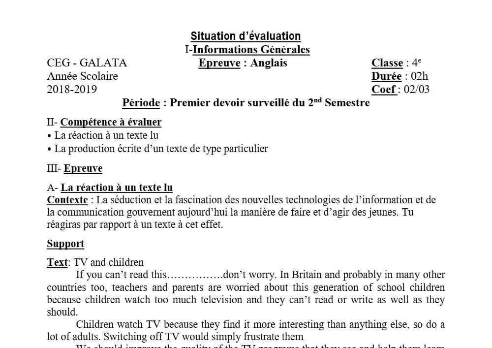 Aperçu de la première page — 4e Anglais 1er Devoir 2ème Semestre CEG Galata 2018 2019 (2)