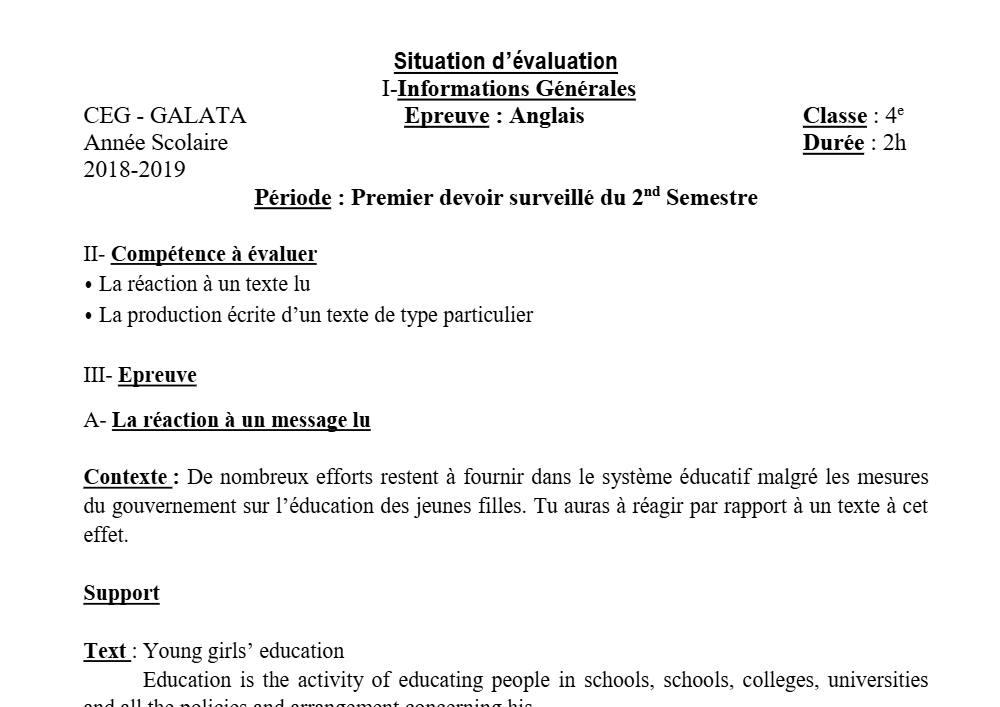 Aperçu de la première page — 4e Anglais 1er Devoir 2ème Semestre CEG Galata 2018 2019
