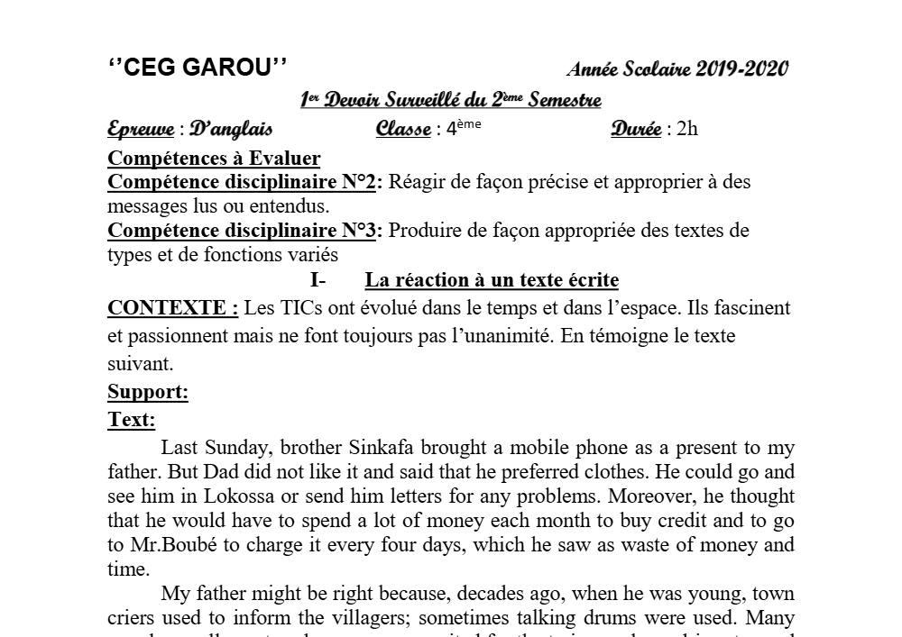 Aperçu de la première page — 4e Anglais 1er Devoir 2ème Semestre CEG Garou 2019 2020