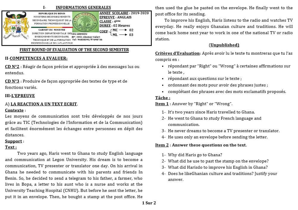 Aperçu de la première page — 4e Anglais 1er Devoir 2ème Semestre CEG Gbessou 2019 2020