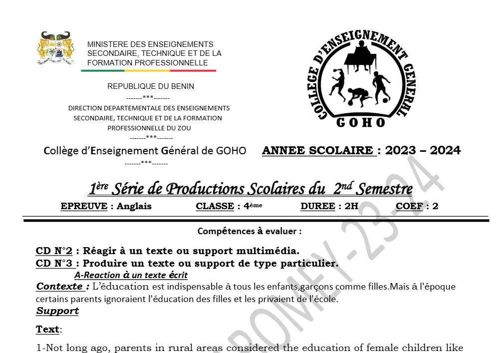 Aperçu de la première page — 4e Anglais 1er Devoir 2ème Semestre CEG Goho 2023 2024