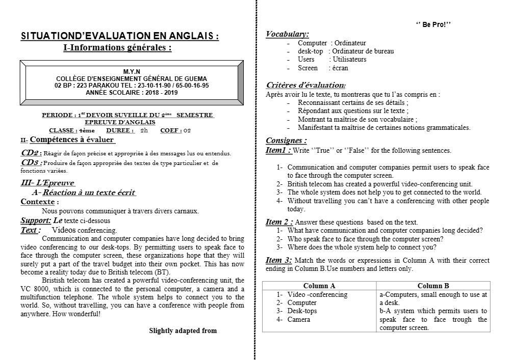 Aperçu de la première page — 4e Anglais 1er Devoir 2ème Semestre CEG Guema 2018 2019