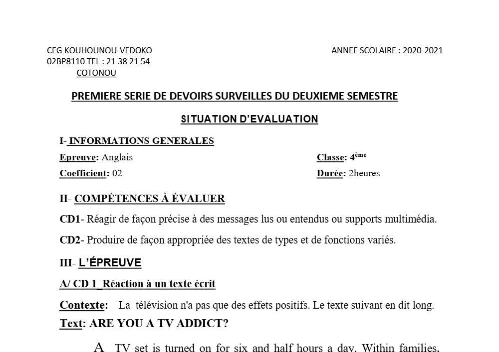 Aperçu de la première page — 4e Anglais 1er Devoir 2ème Semestre CEG K Vedoko 2020 2021