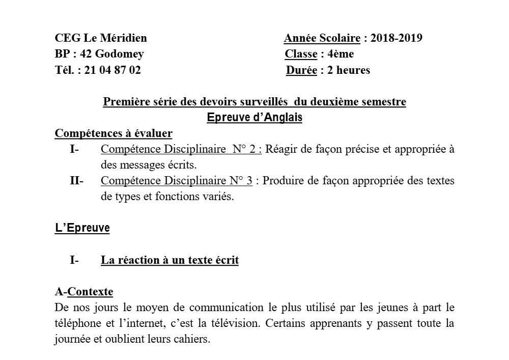 Aperçu de la première page — 4e Anglais 1er Devoir 2ème Semestre CEG Le Meridien 2018 2019