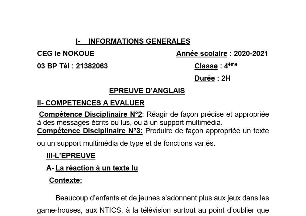 Aperçu de la première page — 4e Anglais 1er Devoir 2ème Semestre CEG Le Nokoué 2020 2021