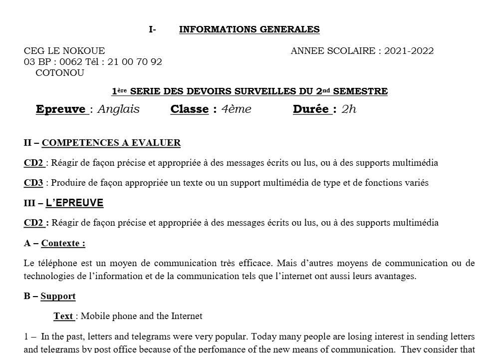 Aperçu de la première page — 4e Anglais 1er Devoir 2ème Semestre CEG Le Nokoué 2021 2022