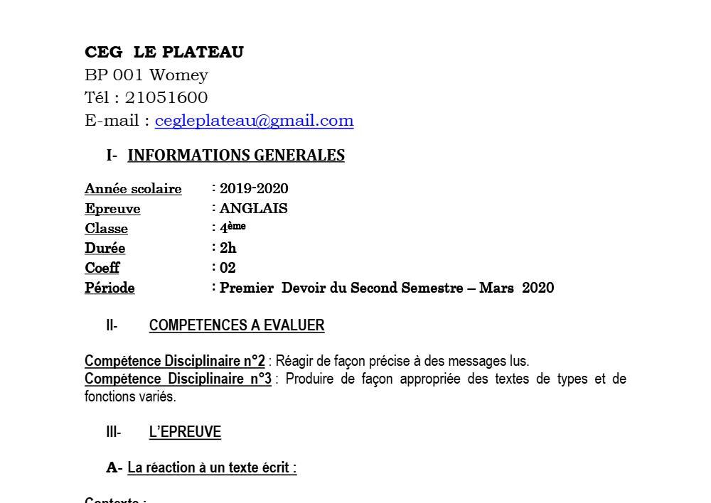 Aperçu de la première page — 4e Anglais 1er Devoir 2ème Semestre CEG Le Plateau 2019 2020