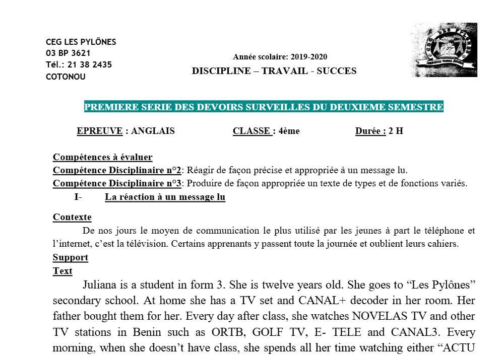 Aperçu de la première page — 4e Anglais 1er Devoir 2ème Semestre CEG Les Pylônes 2019 2020
