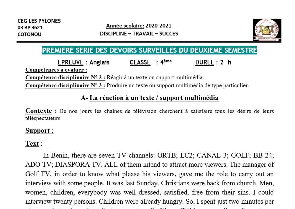 Aperçu de la première page — 4e Anglais 1er Devoir 2ème Semestre CEG Les Pylônes 2020 2021