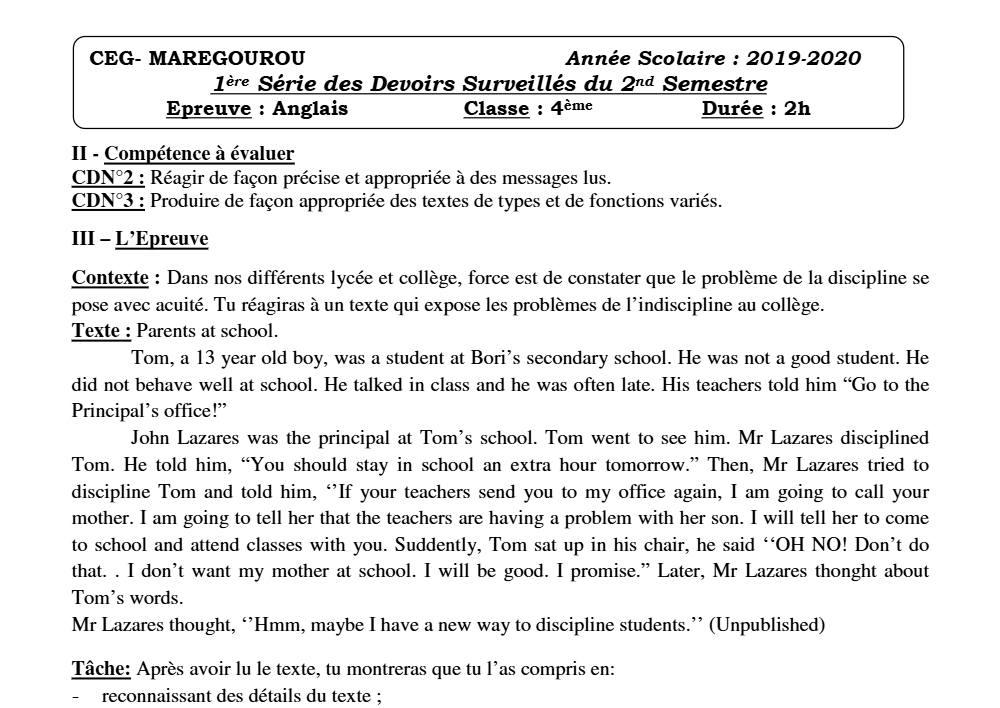 Aperçu de la première page — 4e Anglais 1er Devoir 2ème Semestre CEG Maregourou 2019 2020