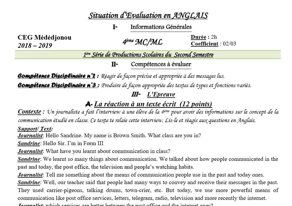 Aperçu de la première page — 4e Anglais 1er Devoir 2ème Semestre CEG Mededjonou 2018 2019