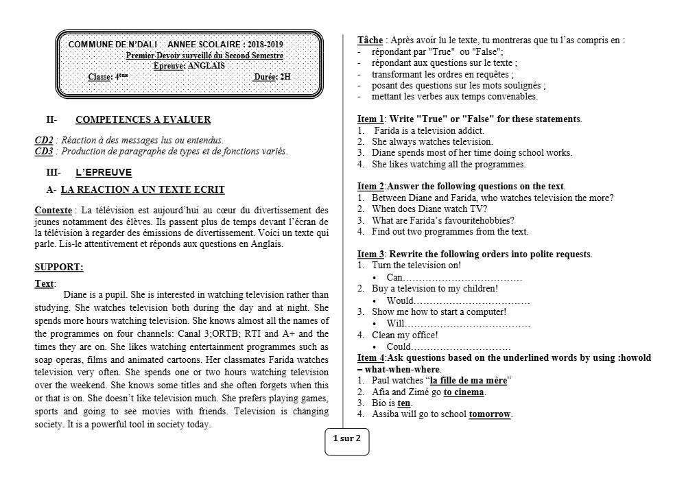 Aperçu de la première page — 4e Anglais 1er Devoir 2ème Semestre CEG N'Dali 2018 2019 (2)