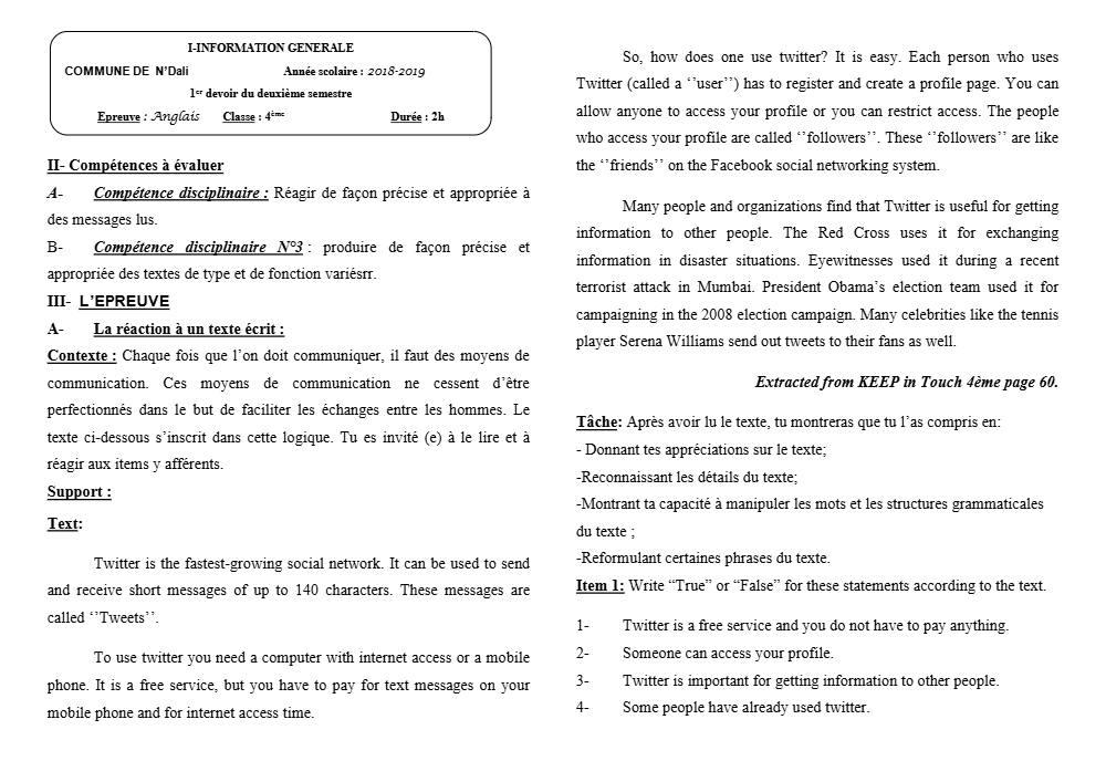 Aperçu de la première page — 4e Anglais 1er Devoir 2ème Semestre CEG N'Dali 2018 2019