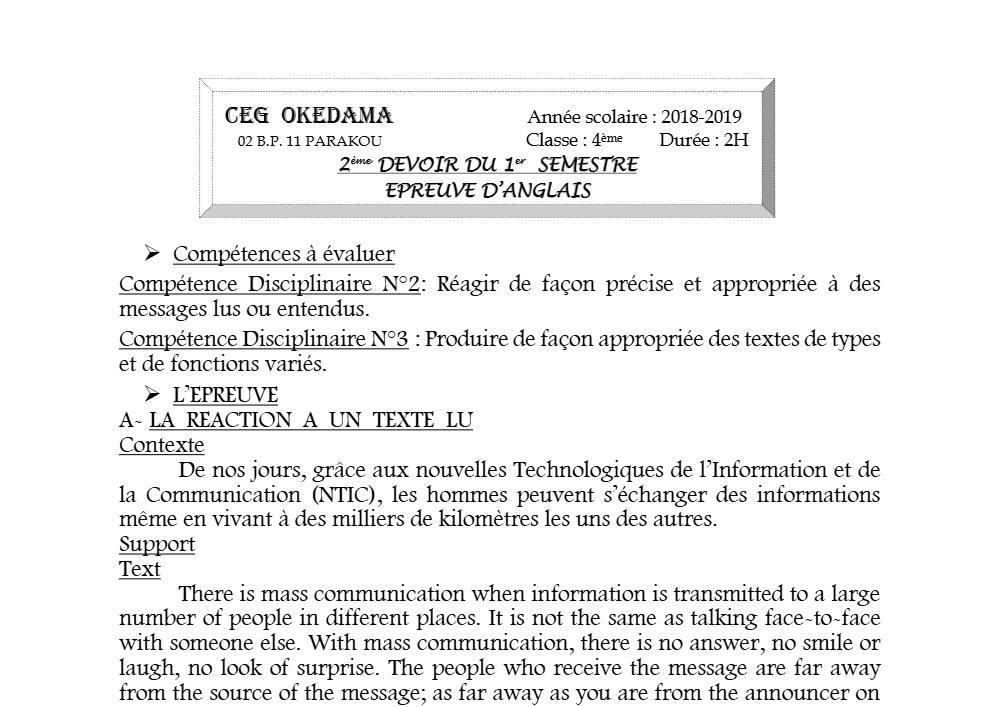 Aperçu de la première page — 4e Anglais 1er Devoir 2ème Semestre CEG Okedama 2018 2019