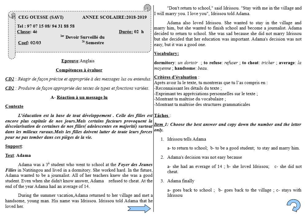 Aperçu de la première page — 4e Anglais 1er Devoir 2ème Semestre CEG Ouesse 2018 2019