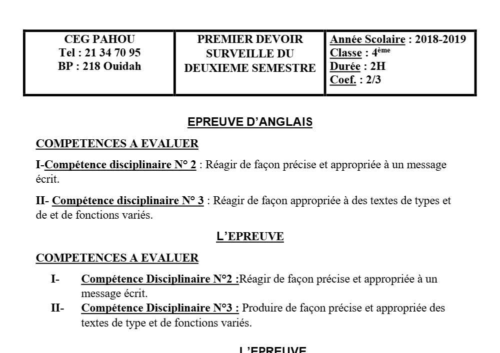 Aperçu de la première page — 4e Anglais 1er Devoir 2ème Semestre CEG Pahou 2018 2019