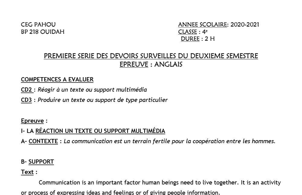 Aperçu de la première page — 4e Anglais 1er Devoir 2ème Semestre CEG Pahou 2020 2021
