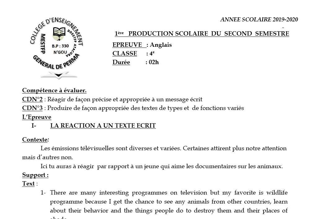Aperçu de la première page — 4e Anglais 1er Devoir 2ème Semestre CEG Perma 2019 2020