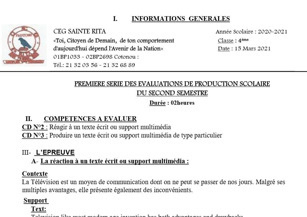 Aperçu de la première page — 4e Anglais 1er Devoir 2ème Semestre CEG Sainte Rita 2020 2021