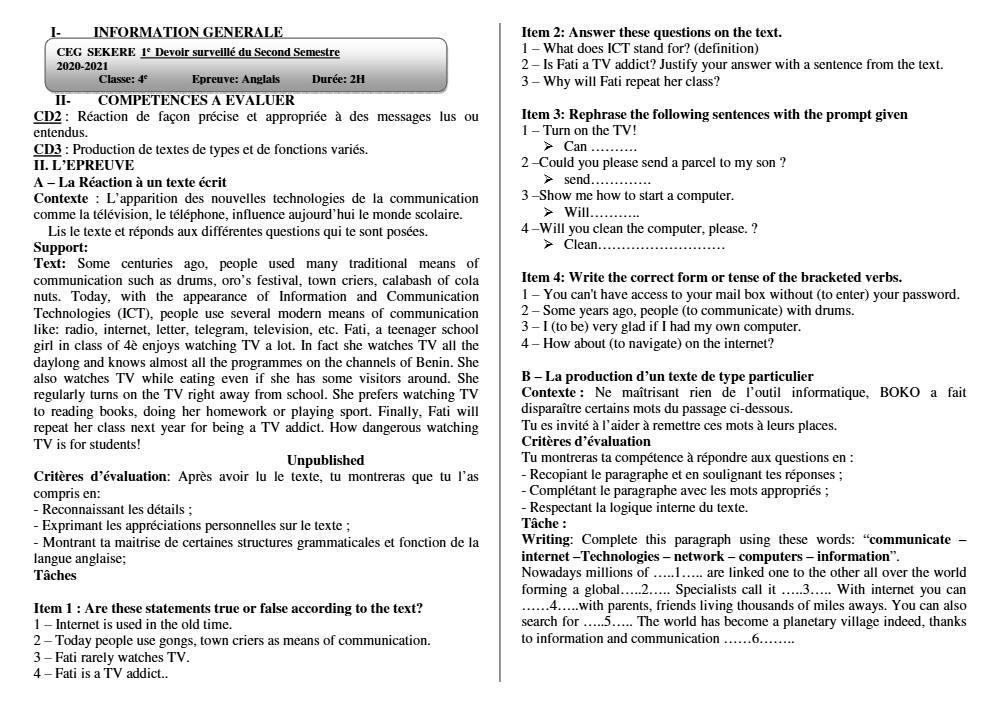 Aperçu de la première page — 4e Anglais 1er Devoir 2ème Semestre CEG Sékéré 2020 2021