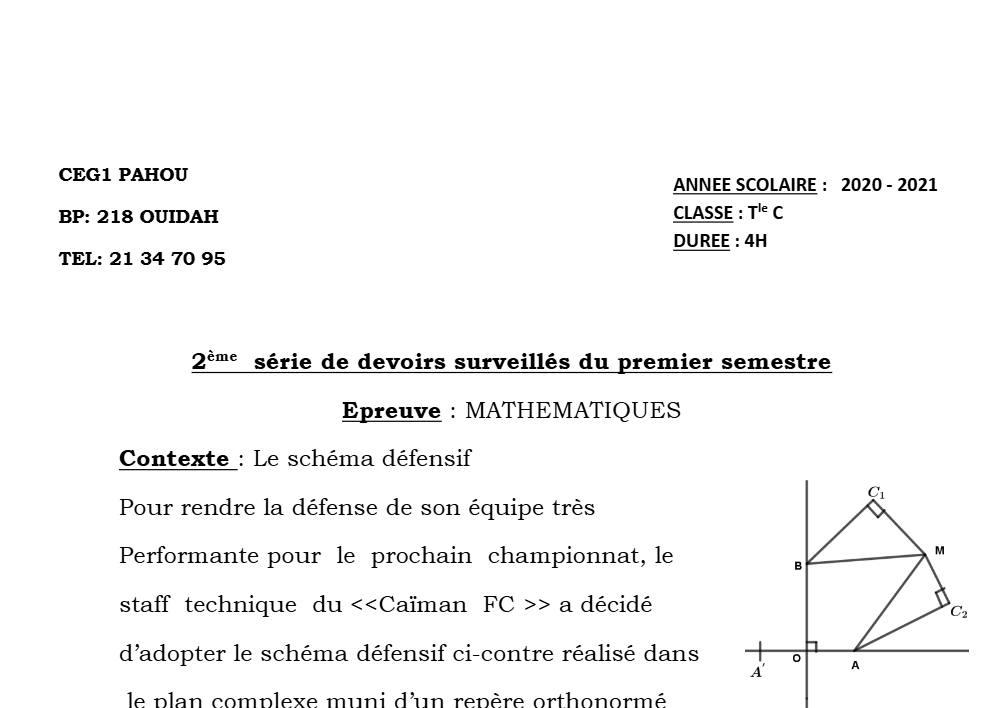 Aperçu de la première page — Mathématiques Tle C Devoir 2 Semestre 1 CEG Pahou 2020 2021