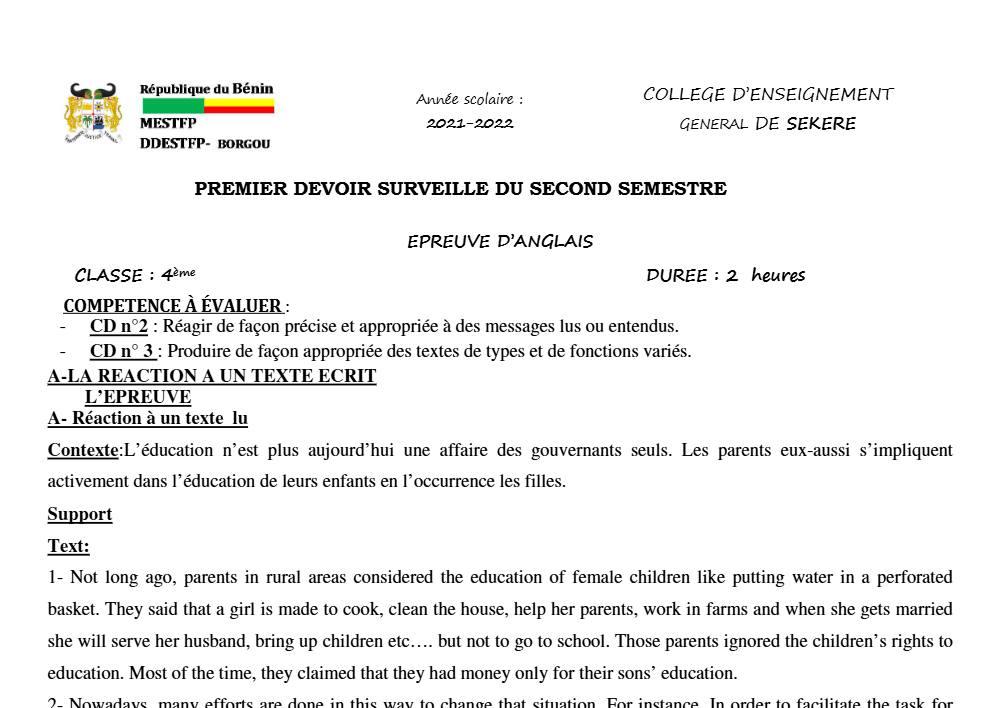 Aperçu de la première page — 4e Anglais 1er Devoir 2ème Semestre CEG Sékéré 2021 2022
