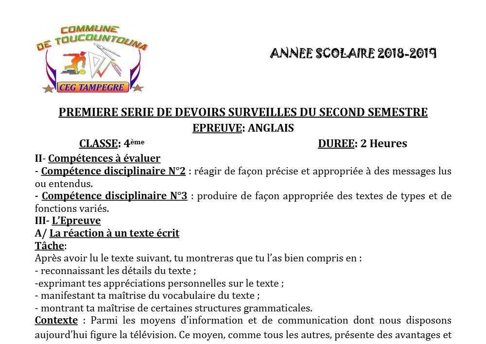 Aperçu de la première page — 4e Anglais 1er Devoir 2ème Semestre CEG Tampegre 2018 2019