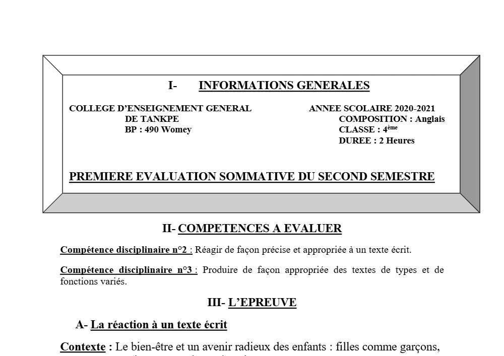 Aperçu de la première page — 4e Anglais 1er Devoir 2ème Semestre CEG Tankpè 2020 2021