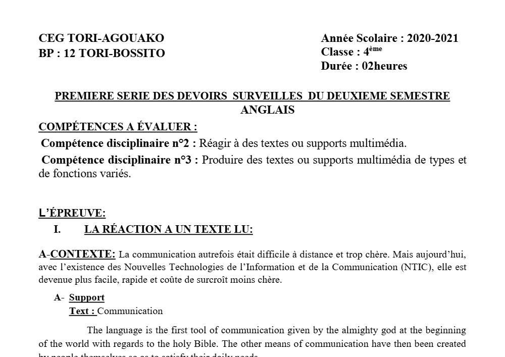 Aperçu de la première page — 4e Anglais 1er Devoir 2ème Semestre CEG Tori 2020 2021