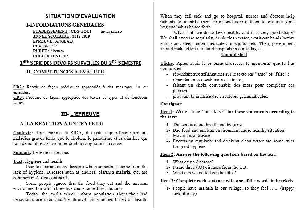 Aperçu de la première page — 4e Anglais 1er Devoir 2ème Semestre CEG Toui 2018 2019