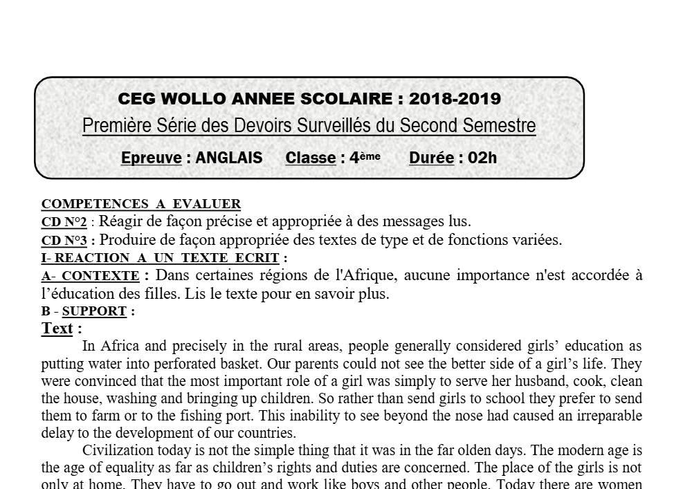 Aperçu de la première page — 4e Anglais 1er Devoir 2ème Semestre CEG Wollo 2018 2019