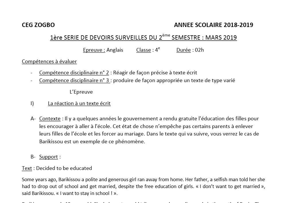Aperçu de la première page — 4e Anglais 1er Devoir 2ème Semestre CEG Zogbo 2018 2019