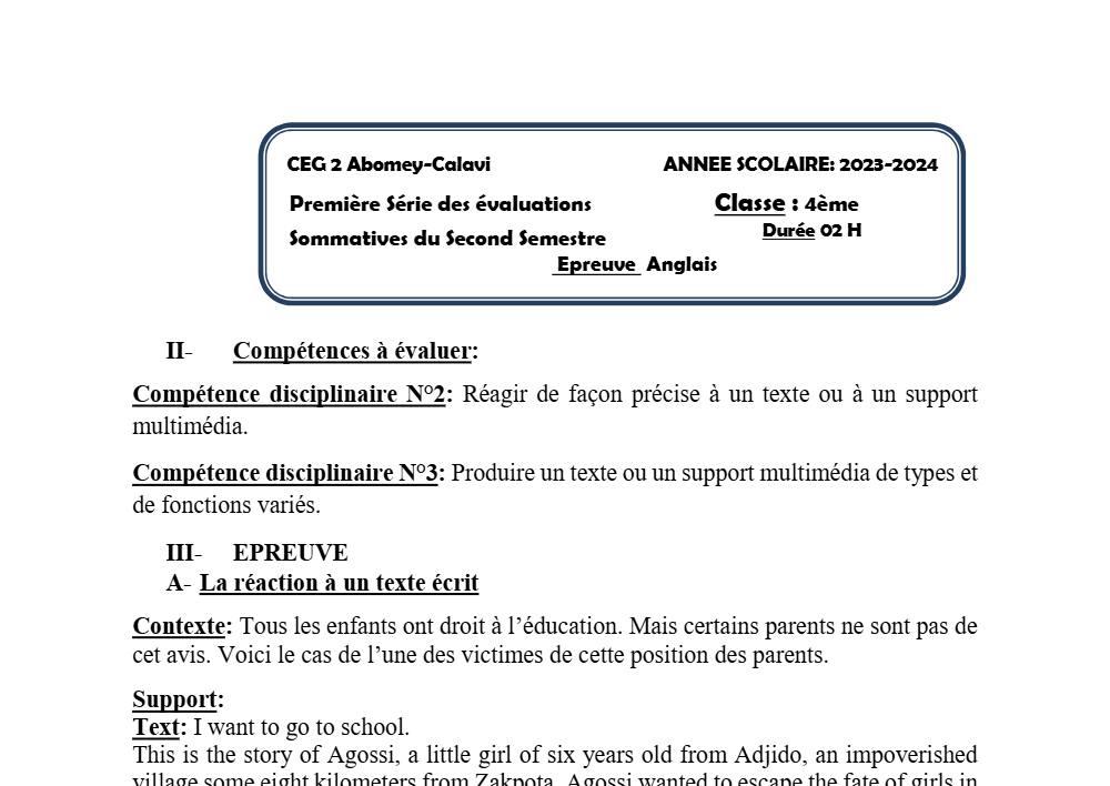 Aperçu de la première page — 4e Anglais 1er Devoir 2ème Semestre D'anglais CEG2 Abomey Calavi 2023 2024