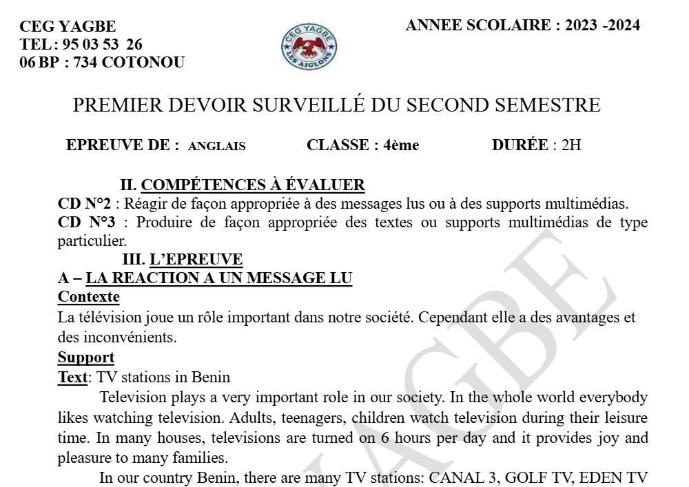 Aperçu de la première page — 4e Anglais 1er Devoir 2ème Semestre d'Anglais CEG Yagbe 2023 2024