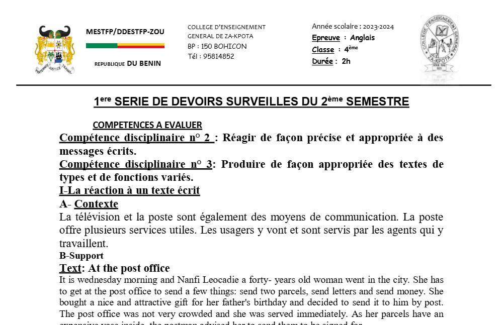 Aperçu de la première page — 4e Anglais 1er Devoir 2ème Semestre D'anglais CEG Za Kpota 2023 2024