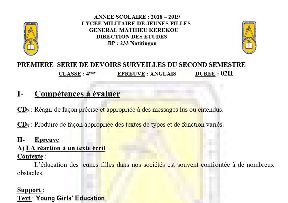 Aperçu de la première page — 4e Anglais 1er Devoir 2ème Semestre Lmjf de Natitingou 2018 2019