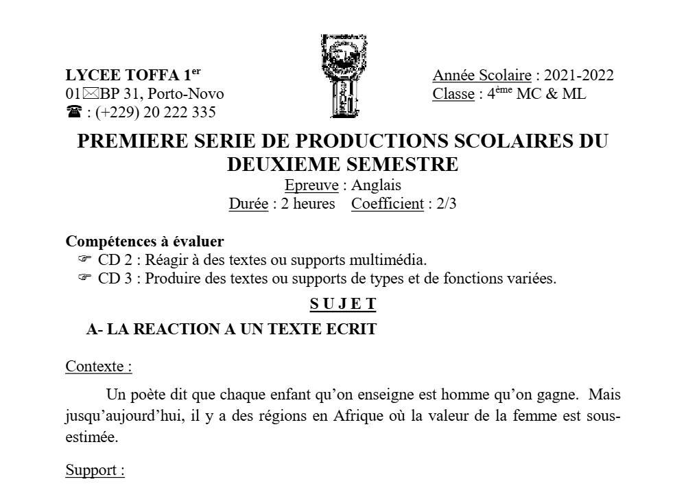 Aperçu de la première page — 4e Anglais 1er Devoir 2ème Semestre Lycée Toffa 2021 2022 (2)