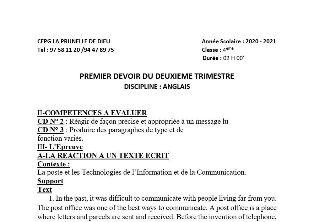 Aperçu de la première page — 4e Anglais 1er Devoir 2ème Trimestre CPEG La Prunelle de Dieu 2020 2021
