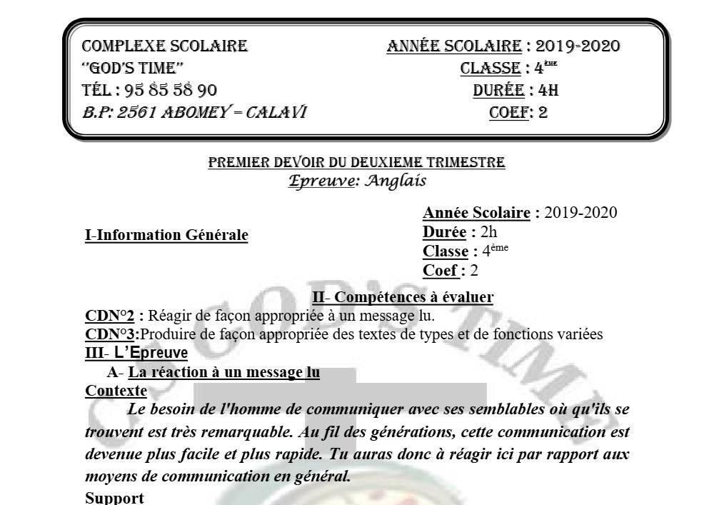 Aperçu de la première page — 4e Anglais 1er Devoir 2ème Trimestre CS God'S Time 2019 2020