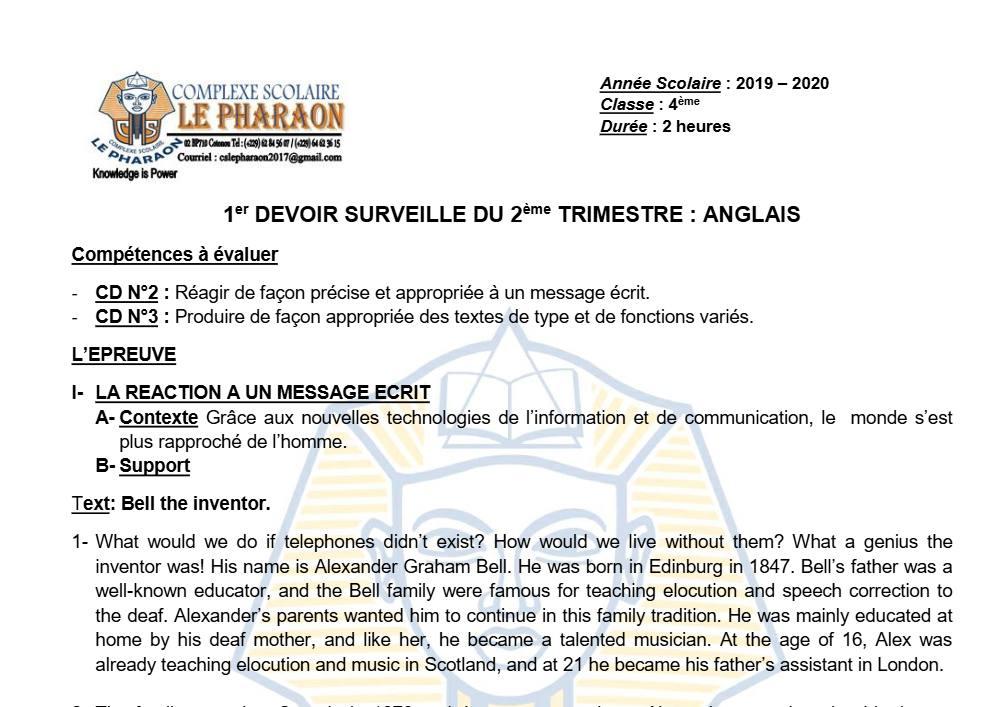 Aperçu de la première page — 4e Anglais 1er Devoir 2ème Trimestre CS Le Pharaon 2019 2020