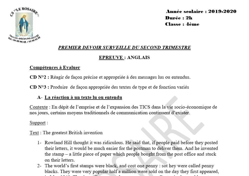 Aperçu de la première page — 4e Anglais 1er Devoir 2ème Trimestre CS Le Rosaire 2019 2020