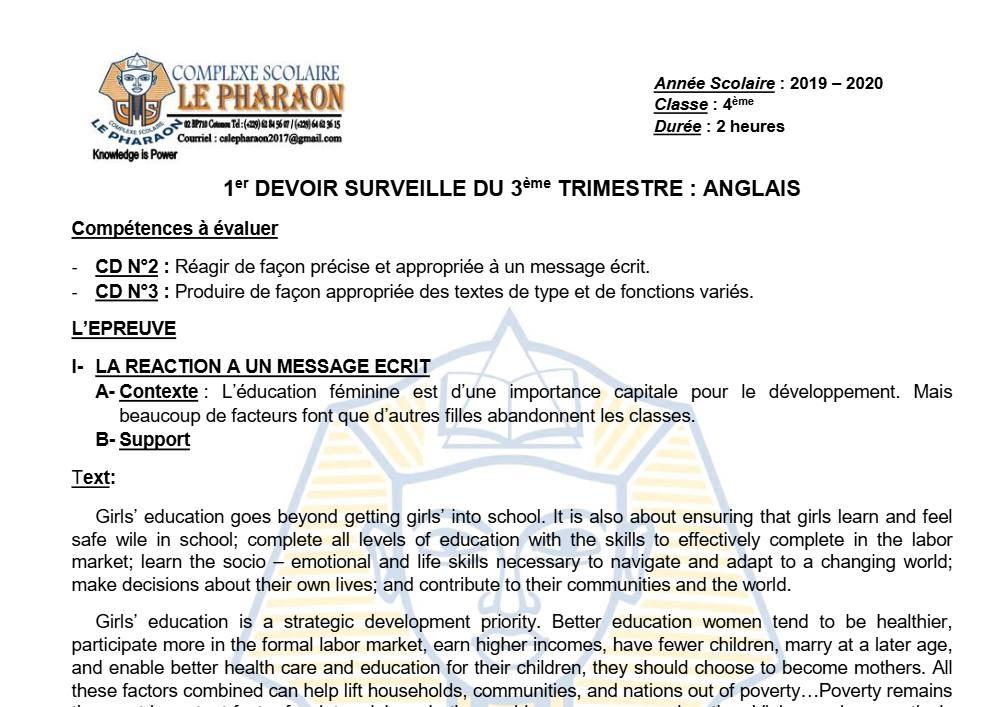 Aperçu de la première page — 4e Anglais 1er Devoir 3ème Trimestre CS Le Pharaon 2019 2020