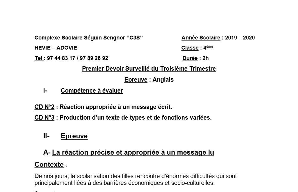 Aperçu de la première page — 4e Anglais 1er Devoir 3ème Trimestre CS Séguin Senghor 2019 2020