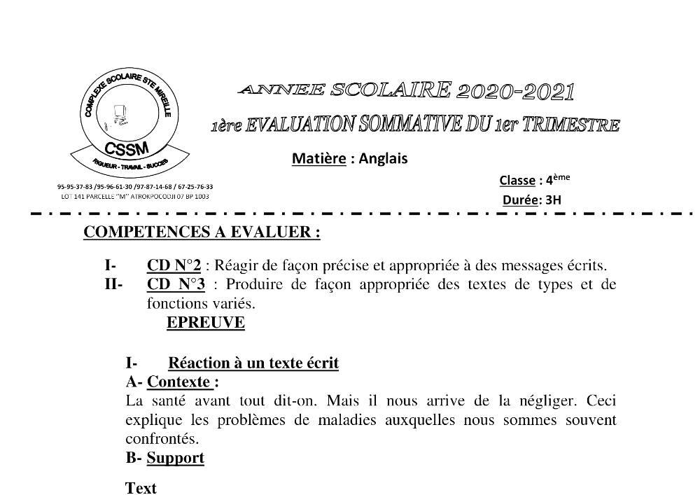 Aperçu de la première page — 4e Anglais 1ère Évaluation 1er Trimestre CPEG Sainte Mireille 2020 2021