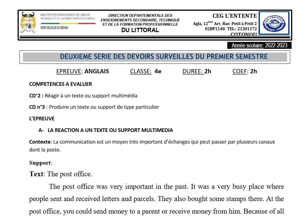 Aperçu de la première page — 4e Anglais 2ème Devoir 1er Semestre , CEG L'Entente 2022 2023